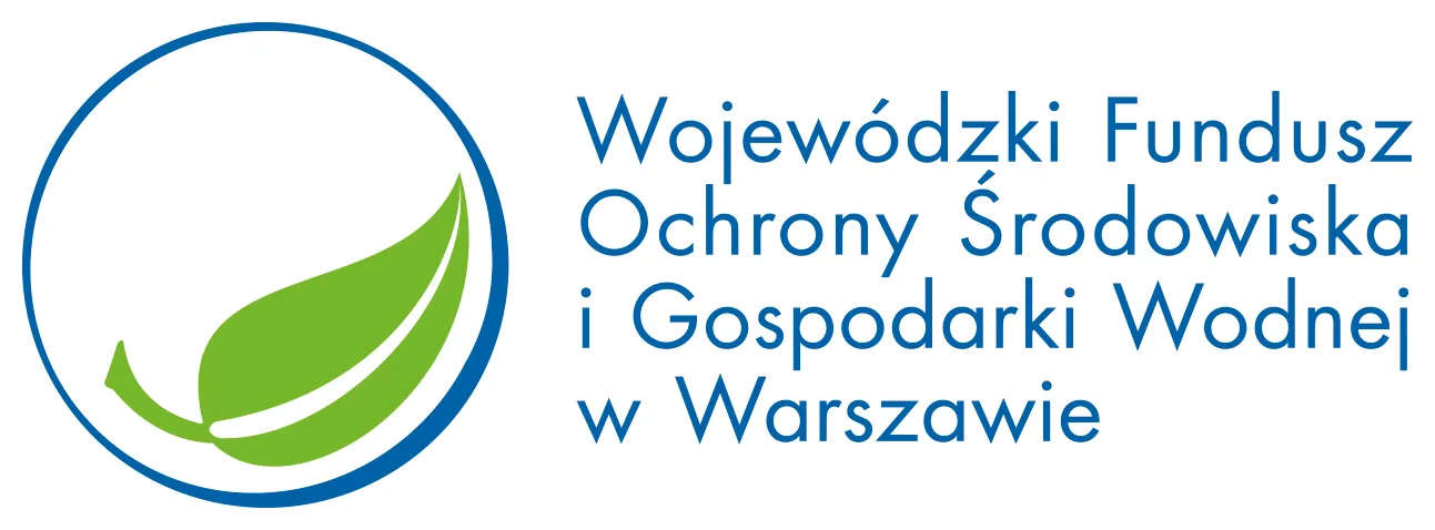 Zielony liść w niebieskim kole po lewej stronie oraz tekst w kolorze niebieskim po prawej stronie na białym tle. Tekst wskazuje nazwę instytucji: Wojewódzki Fundusz Ochrony Środowiska i Gospodarki Wodnej w Warszawie.