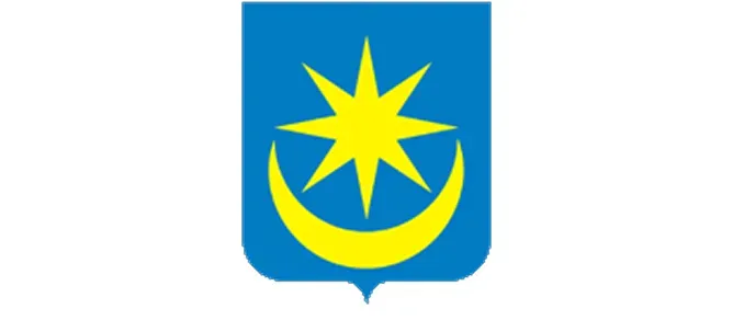 Niebieska tarcza herbu z ośmioramienną złotą gwiazdą ponad złotym półksiężycem.