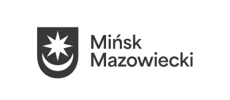 Herb Mińska Mazowieckiego z ośmioramienną gwiazdą nad półksiężycem obok napisu "Mińsk Mazowiecki".