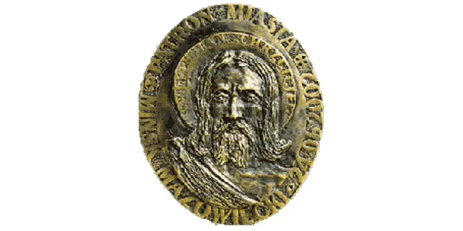 Medalion z wizerunkiem brodatej postaci z długimi włosami otoczony napisem.