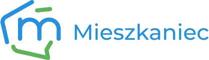 Uproszczony zarys domu zintegrowany z kształtem litery M w kolorach niebieskim i zielonym. Obok znajduje się długi niebieski poziomy napis.