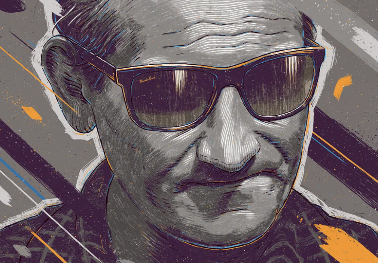 Portret starszego mężczyzny w okularach przeciwsłonecznych wykonany techniką rysunkową z wyraźnymi zmarszczkami i graficznymi detalami.