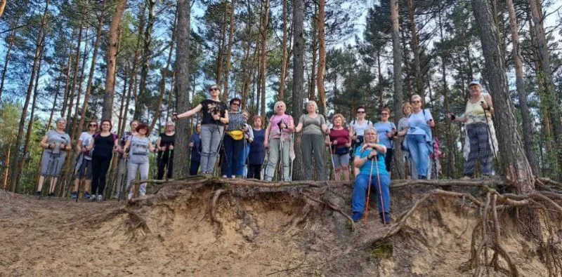 Grupa osób z kijkami do nordic walking stoi i siedzi na stromym, piaszczystym zboczu w lesie sosnowym.