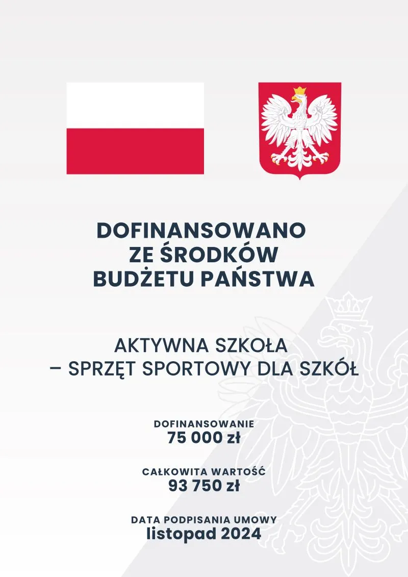 Flaga Polski, godło Polski oraz tekst informujący o dofinansowaniu ze środków budżetu państwa na sprzęt sportowy dla szkół o wartości 93 750 zł, z podpisaniem umowy w listopadzie 2024.