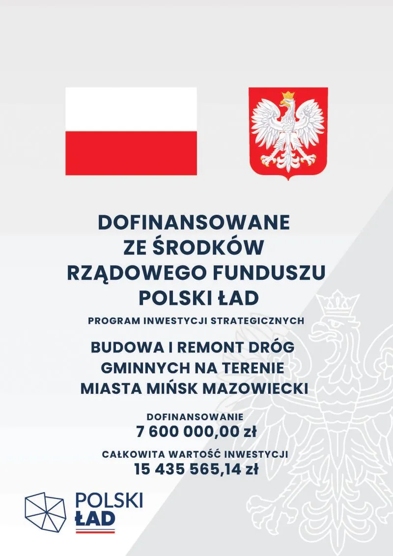 Flaga Polski i godło Polski nad tekstem informującym o dofinansowaniu rządowego funduszu Polski Ład na budowę i remont dróg gminnych w Mińsku Mazowieckim wraz z kwotami dofinansowania i całkowitej wartości inwestycji.