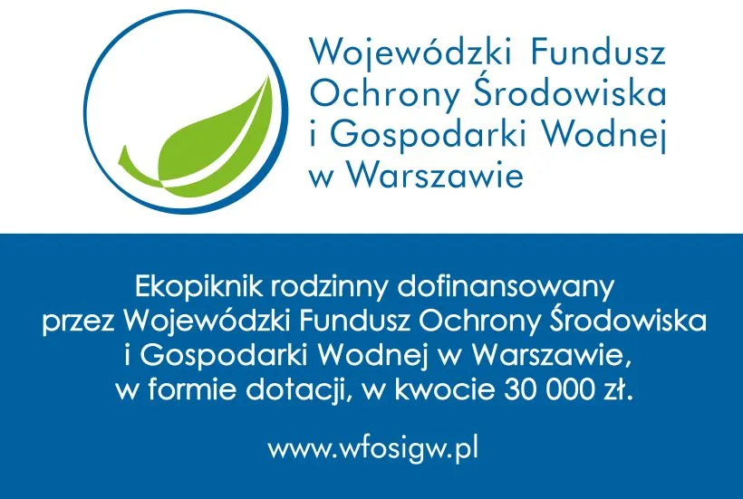 Logo z zielonym liściem obok tekstu informującego o dofinansowaniu Ekopikniku rodzinnego przez Wojewódzki Fundusz Ochrony Środowiska i Gospodarki Wodnej w Warszawie.