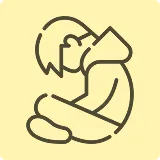 Linia rysunku osoby siedzącej z opuszczoną głową i przyciągniętymi nogami.