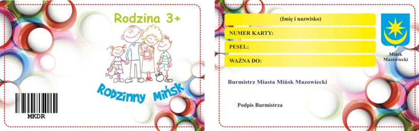 Karta Rodzina 3+ zawierająca kolorowe obramowanie, kreskówkową rodzinę i pola na imię, numer karty, PESEL oraz datę ważności.