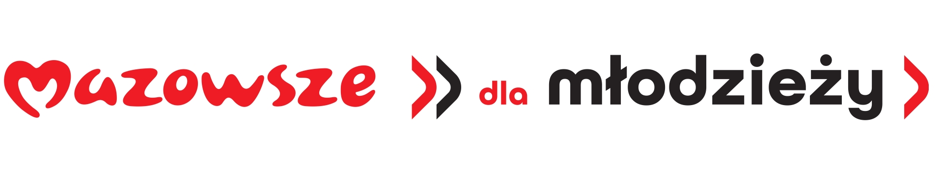 Napis „Mazowsze dla młodzieży” z czerwonym i czarnym tekstem oraz czerwonymi i czarno-czerwonymi symbolami strzałek.