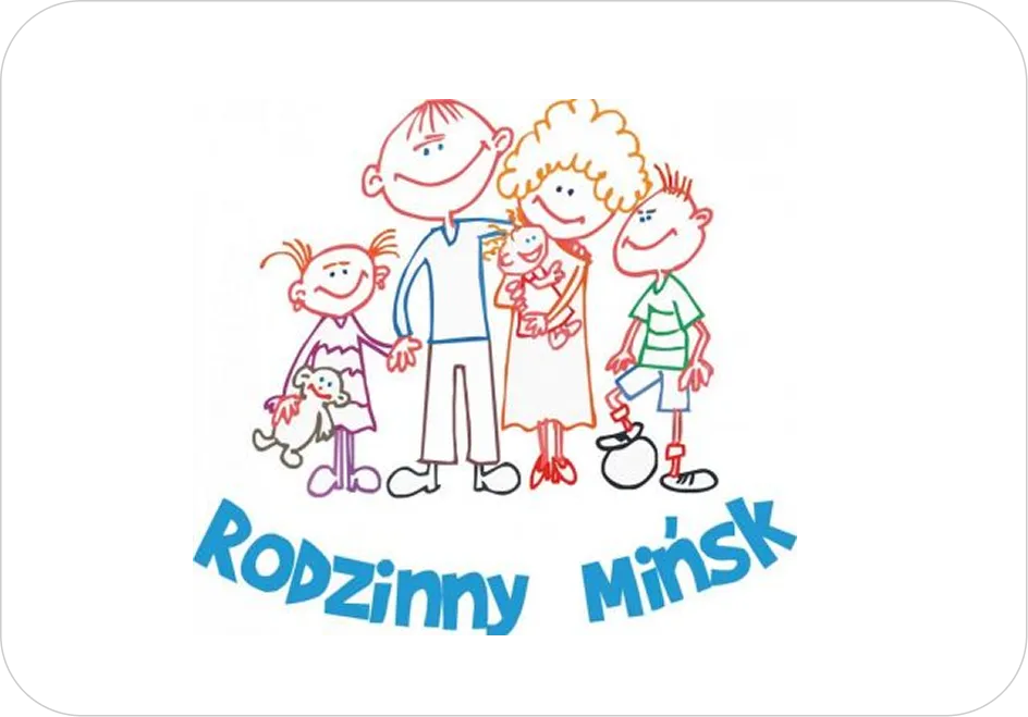 Rysunek przedstawia uśmiechniętą rodzinę złożoną z dwóch dorosłych i trójki dzieci, z których jedno trzyma pluszowego misia.