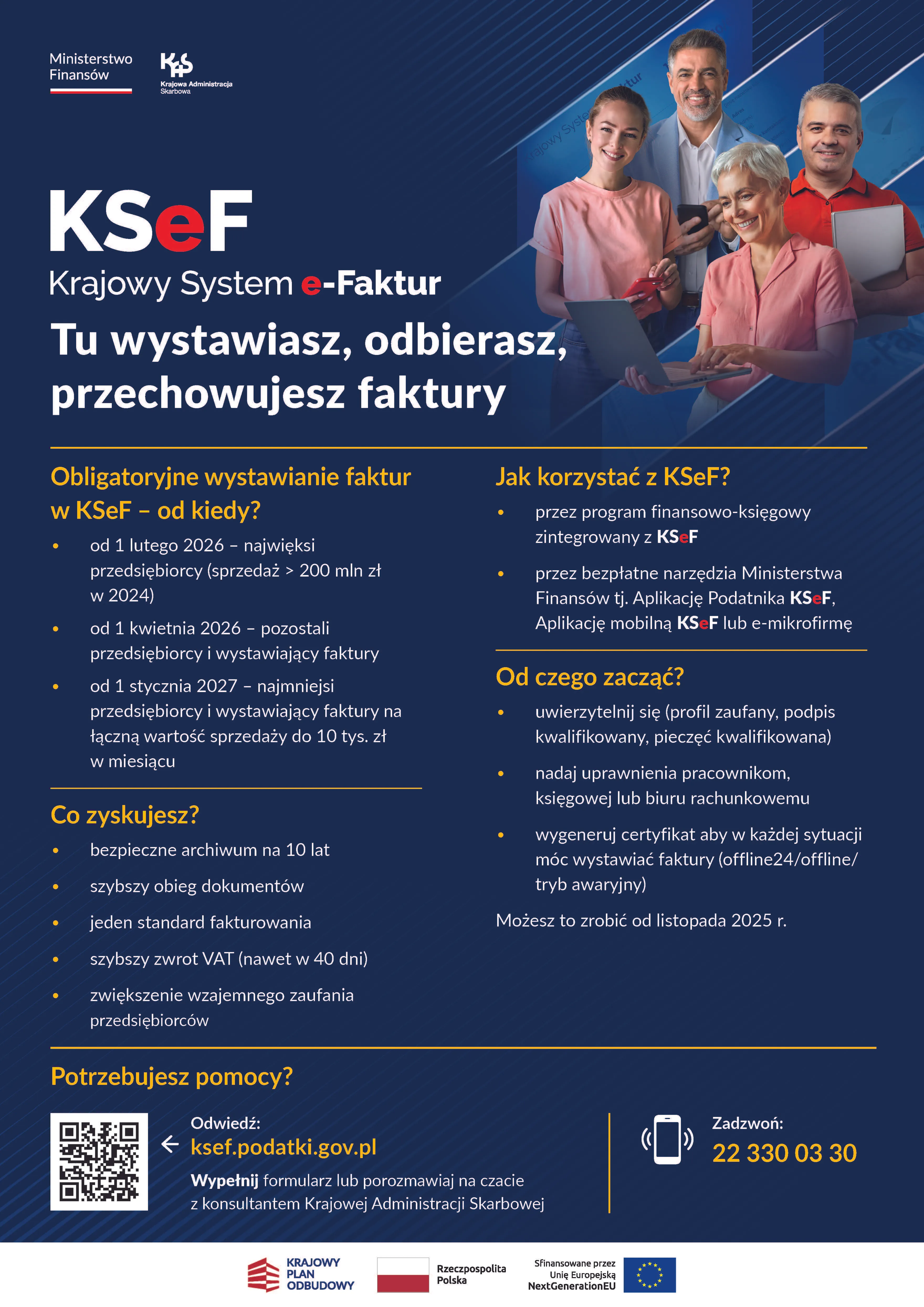 Plakat informacyjny Krajowego Systemu e-Faktur na granatowym tle, z czterema osobami trzymającymi laptop, tablet i telefon po prawej stronie. Tekst w białym i żółtym kolorze omawia obowiązkowe wystawianie faktur od 2026 roku, korzyści systemu, sposoby korzystania, od czego zacząć oraz dane kontaktowe i QR kod do strony ksef.podatki.gov.pl. Logo Ministerstwa Finansów, Krajowej Administracji Skarbowej, Krajowego Planu Odbudowy, flagi Polski i Unii Europejskiej widoczne u dołu.