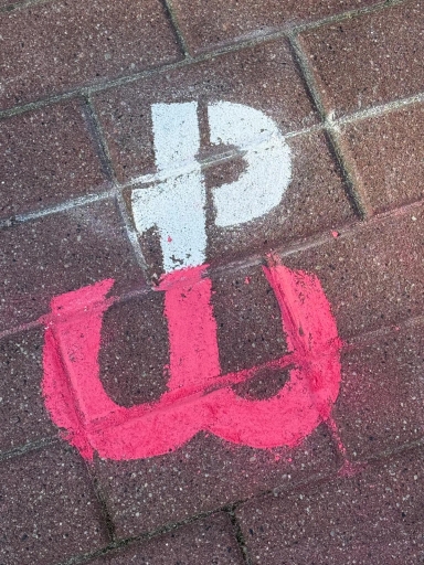 Na bruku namalowane farbą białą i różową litery D i W.