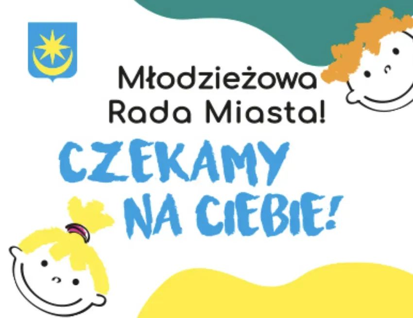 Napis „Młodzieżowa Rada Miasta! Czekamy na Ciebie!” z prostymi rysunkami twarzy dzieci o blond i rudych włosach oraz herbem miasta.