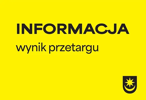 Informacja o wyniku przetargu na żółtym tle z czarnym herbem w prawym dolnym rogu.