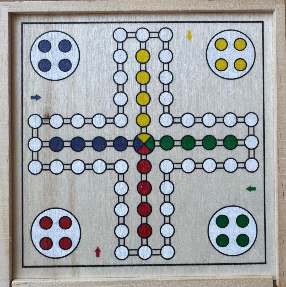 Plansza gry planszowej w kształcie krzyża do gry w bierki z czterema startowymi polami w narożnikach w kolorach niebieskim, żółtym, czerwonym i zielonym oraz trasą punktów dookoła i do środka planszy.