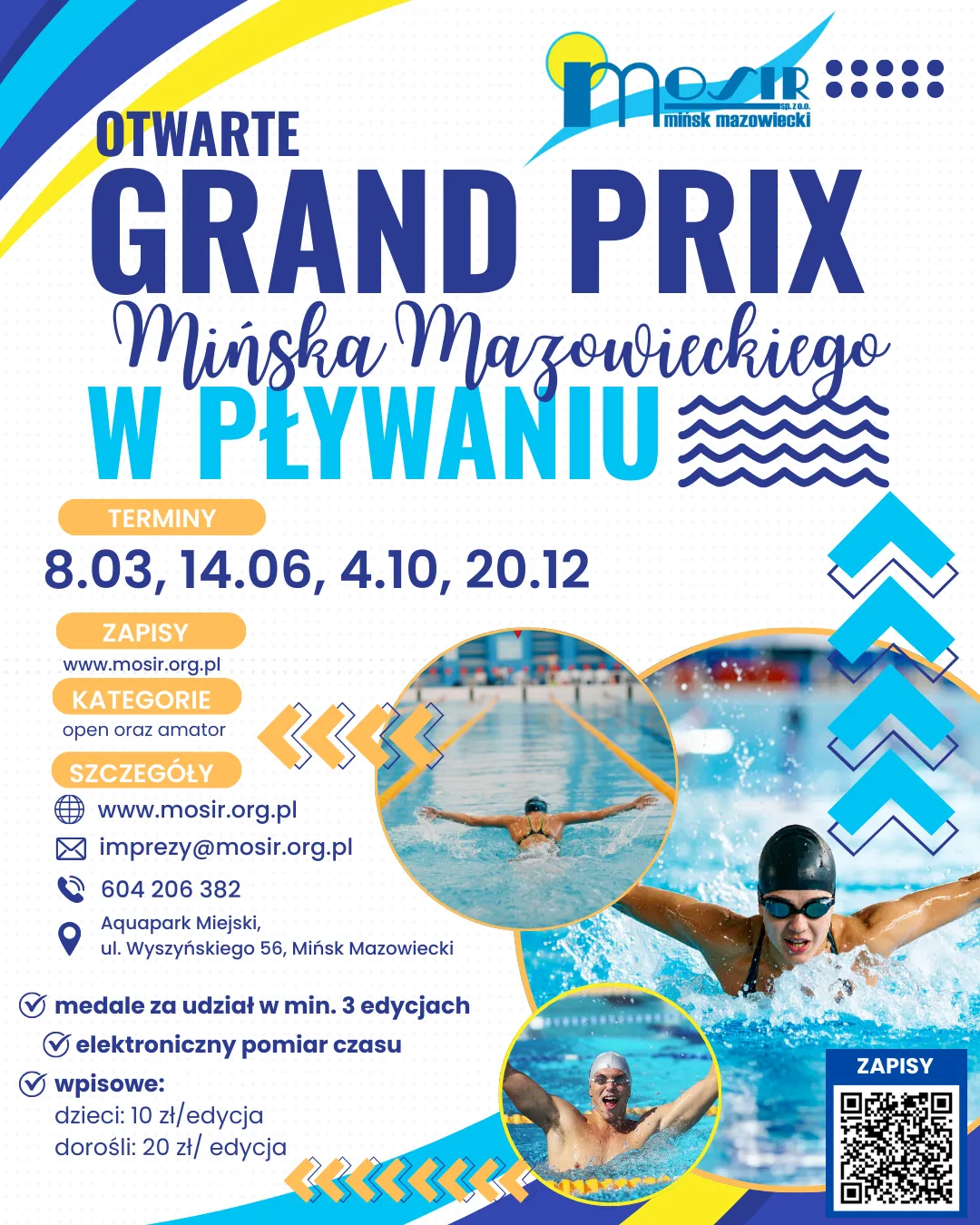 Zdjęcia pływaków w basenie. Tło białe z elementami niebieskiego i żółtego. Naokoło żółte, niebieskie i granatowe informacje