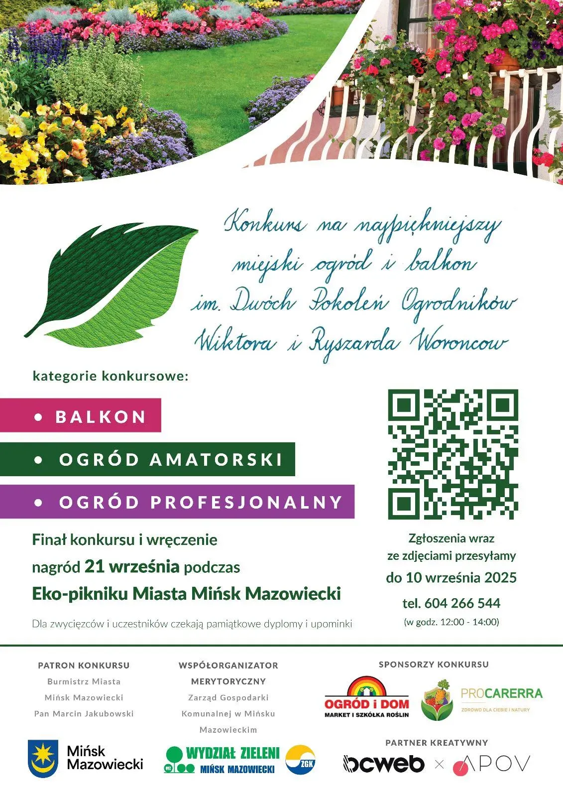 Na górze zdjęcie ogródka i balkonu. Poniżej informacje tekstowe na białym tle.