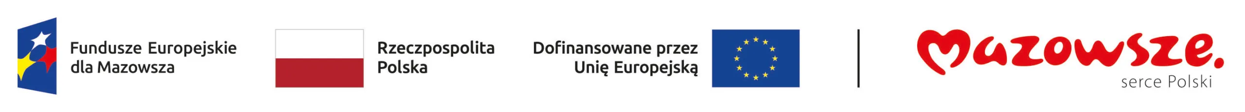 Po lewej pionowy niebieski znak z białą gwiazdą i czerwono-żółtymi kształtami. Obok prostokątny symbol z górnym białym i dolnym czerwonym pasem. Na środku niebieska flaga z okręgiem żółtych gwiazdek. Po prawej czarna pionowa kreska i czerwony stylizowany logotyp z mniejszym szarym dopiskiem na białym tle.