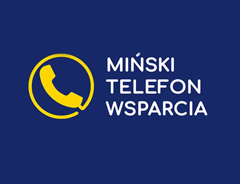 Żółta ikona słuchawki telefonu w kole obok białego napisu „Miński Telefon Wsparcia” na granatowym tle.