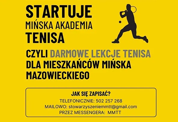 Na zółtym tle informacje tekstowe. W prawym górnym rogu sylwetka tenisisty. 