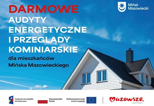 Plakat informacyjny na niebieskim niebie. Po lewej duży czerwony nagłówek i kilka wierszy białego tekstu. Po prawej fragment białego domu z ciemnym dachem i kominem. U dołu pasek z kilkoma logotypami instytucji. U góry po prawej małe logo gminy.