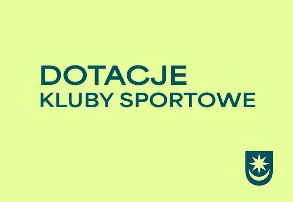 Napis "DOTACJE KLUBY SPORTOWE" na jasnym tle z herbem w prawym dolnym rogu.