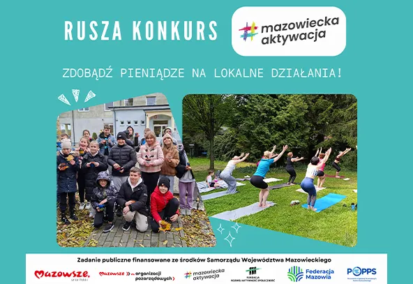Baner na turkusowym tle zapowiada lokalny konkurs. Po lewej grupa dzieci i dorosłych stoi i klęczy na chodniku w jesiennym otoczeniu liści. Po prawej kilka osób ćwiczy jogę na matach na trawniku w otoczeniu drzew. U dołu rząd logotypów organizatorów.