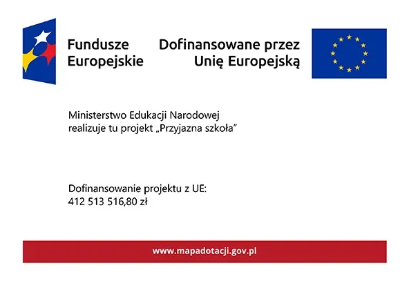 Na białym tle na górze logo Funduszy Europejskich po lewej stronie i flaga Unii Europejskiej po prawej. Po środku informacje o dofinansowaniu. Na dole czerwony pasek z adresem strony.