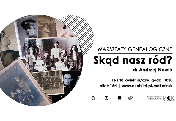 Biała plansza z prawą stroną zdominowaną przez czarną, pogrubioną typografię informacyjną i mniejszymi liniami tekstu, a lewą stroną zajmuje duże okrągłe zdjęcie kolażu czarno-białych, starych fotografii rodzinnych. Kolaż zawiera portrety mężczyzn, kobiet i grupy rodzinnej oraz elementy postarzałych dokumentów na jasnym tle. W dolnej prawej części drobne logotypy i pusta biała przestrzeń.