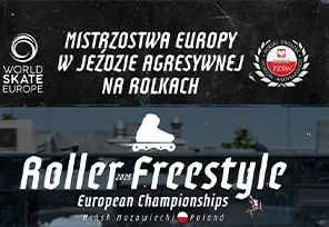 Logo World Skate Europe, napis „Mistrzostwa Europy w jeździe agresywnej na rolkach”, logo PZSW oraz napis „Roller Freestyle European Championships Mińsk Mazowiecki Poland”.