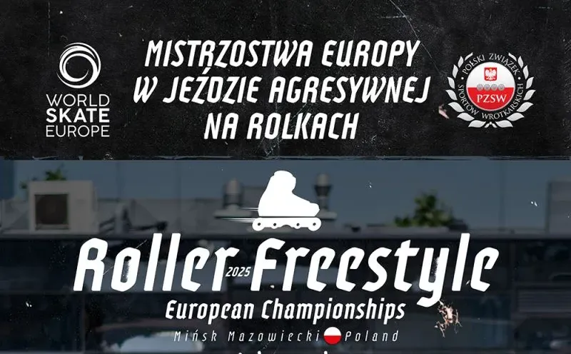 Plakat mistrzostw Europy w jeździe agresywnej na rolkach Roller Freestyle 2025 z zawodnikiem wykonującym skok na rolkach w skateparku.