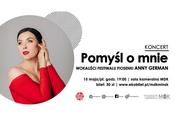 Kobieta w czerwonej sukience i ciemnych włosach patrzy w bok, ujęcie w okrągłym kadrze po lewej stronie. Białe tło po prawej z prostym, czarnym układem graficznym i cienistym paskiem ukośnych linii.