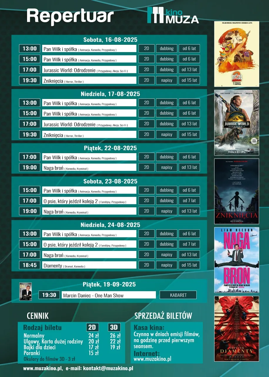 Repertuar kina Muza z wykazem filmów i seansów, informacjami o cenach biletów i sprzedaży na zielonym tle. Po prawej stronie kolorowe plakaty filmowe.