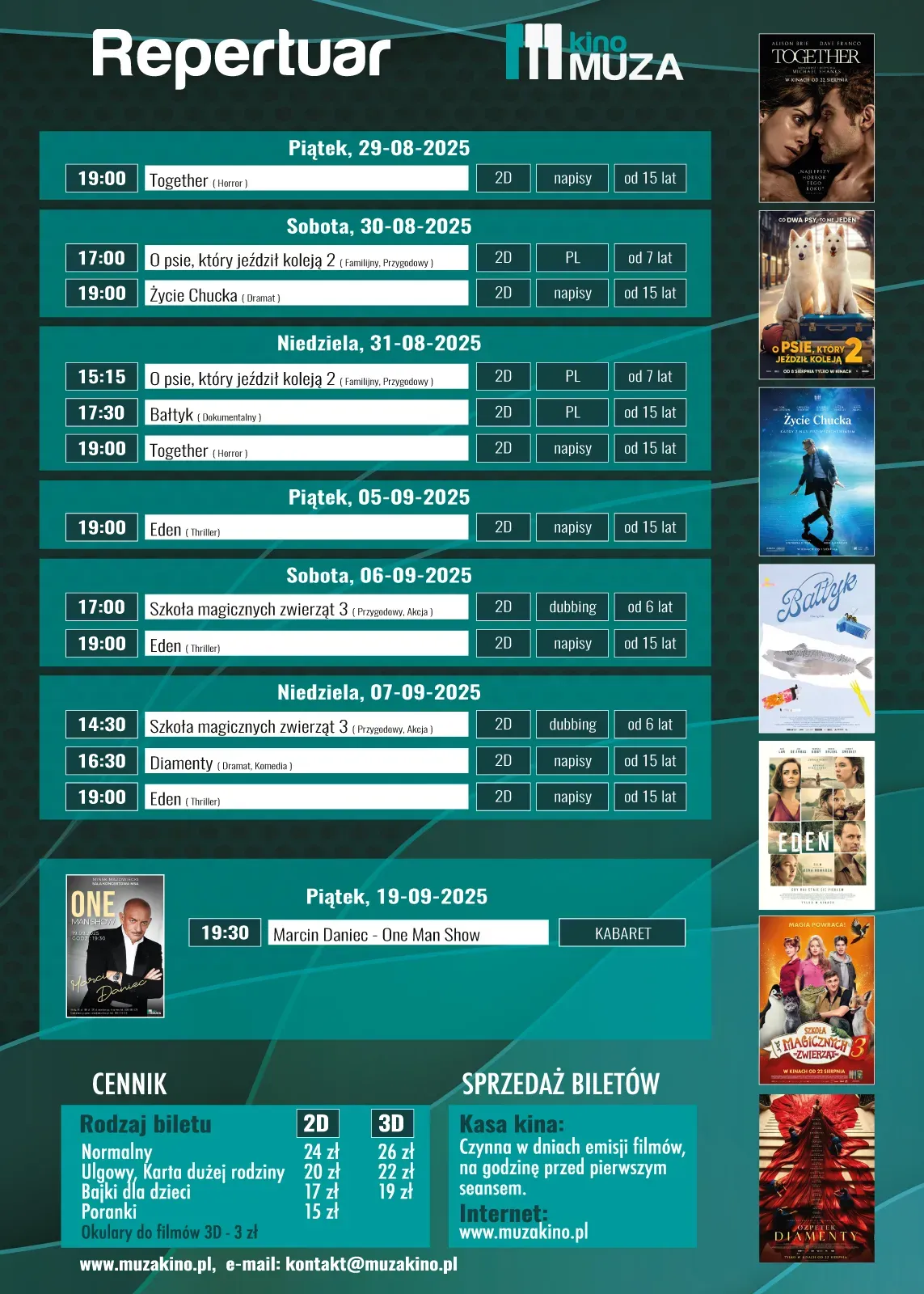 Repertuar kina Muza z wykazem filmów i seansów po lewej. Po prawej stronie kolorowe plakaty filmowe.