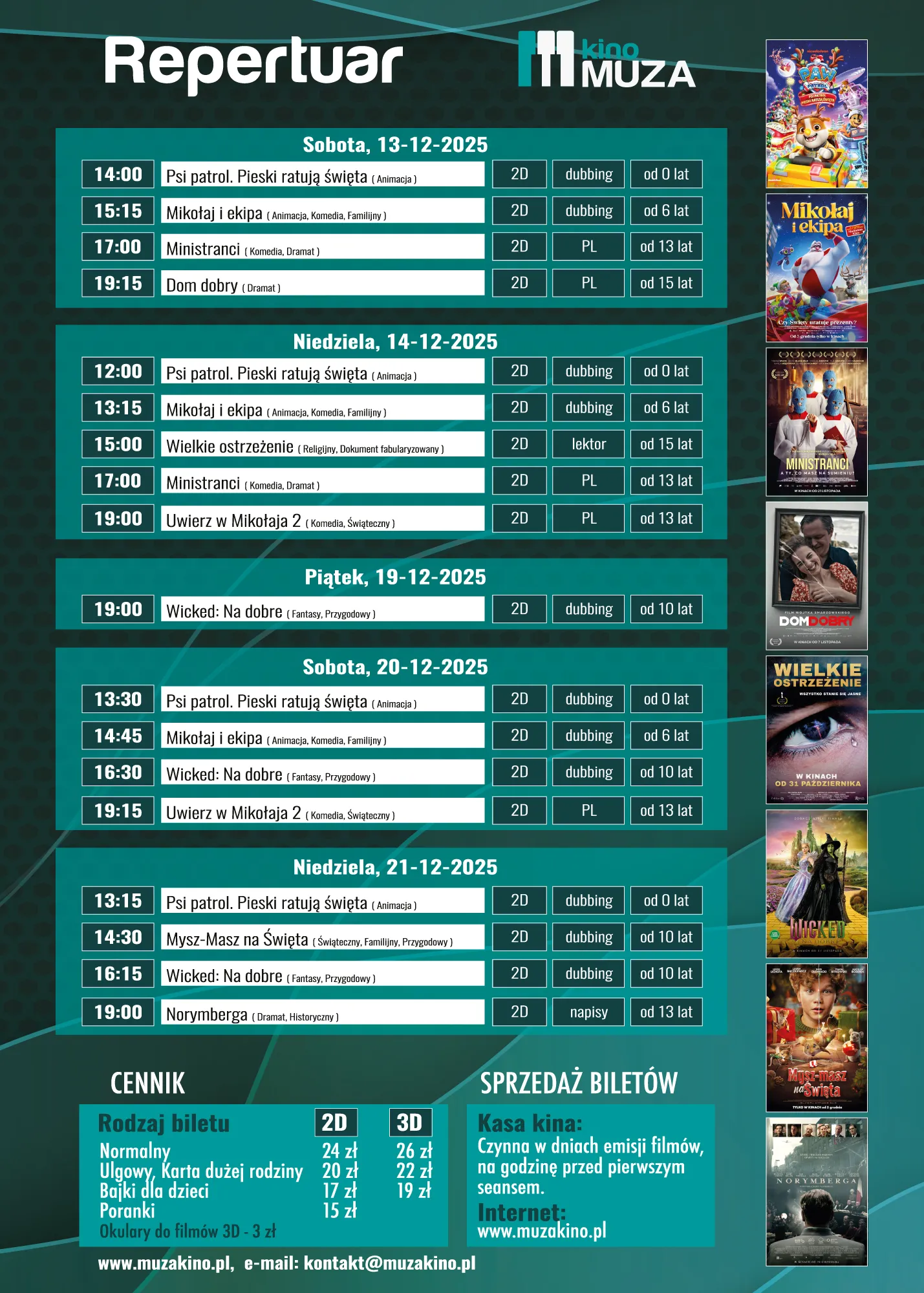 Plan filmów kina Muza na dni 13-21 grudnia 2025 z godzinami, tytułami, formatem, rodzajem dźwięku i ograniczeniem wiekowym oraz cennik biletów i informacje o sprzedaży. Po prawej stronie miniatury plakatów filmowych. Tło ciemne turkusowe.