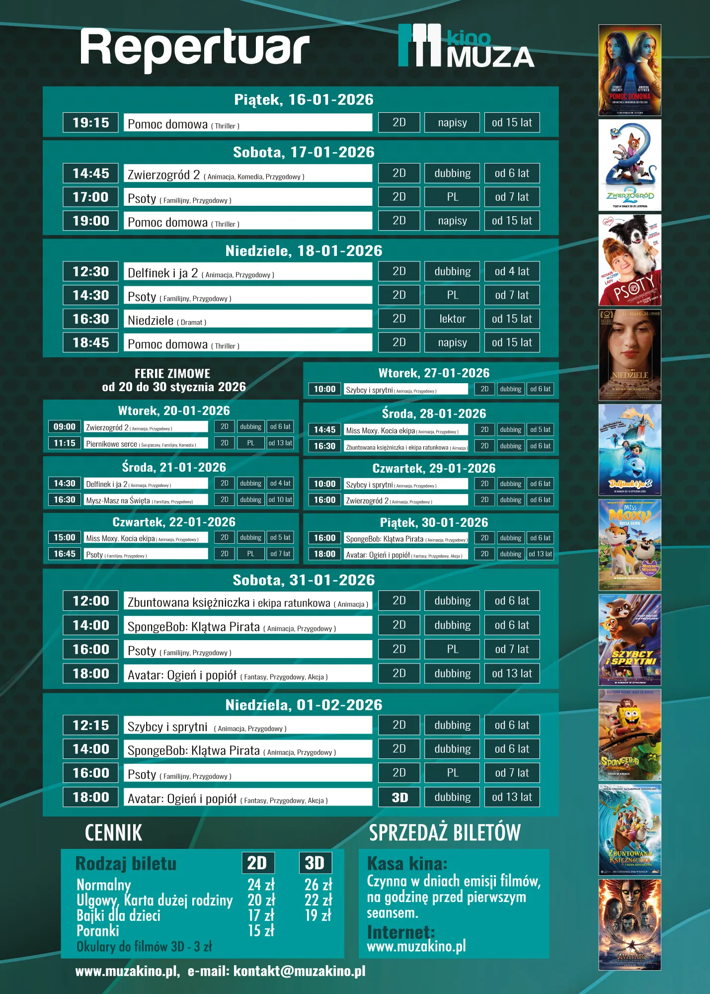 Repertuar kina Muza od 16 stycznia do 1 lutego 2026 roku z godzinami seansów filmowych w 2D i 3D, podziałem na dubbing, napisy i lektora oraz wiekową kategorią od lat. Po prawej stronie plakaty filmów. Na dole cennik biletów w 2D i 3D oraz informacje o sprzedaży biletów w kasie kina i przez internet. Tło w kolorze zielonym.