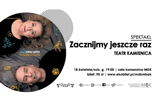 Po lewej stronie znajduje się duże okrągłe zdjęcie na ciemnym tle. Dwie osoby leżą głowami blisko siebie — kobieta u góry i mężczyzna u dołu. Wokół zdjęcia widoczne są drobne kolorowe kreski i rysunki. Po prawej stronie jest jasne, białe tło z dużym blokiem tekstu i informacjami u dołu.