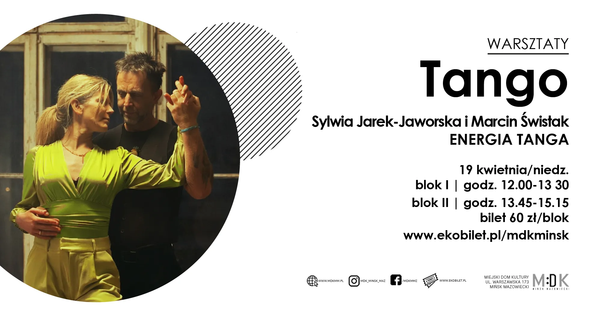 Para tańcząca tango wewnątrz, kobieta w zielonym stroju trzyma partnera za ramię i dłoń. Lewa część obrazu ma okrągłe zdjęcie na ciemnym tle; prawa część ma jasne, białe tło z zwartym, czarnym układem tekstu i logotypami na dole.