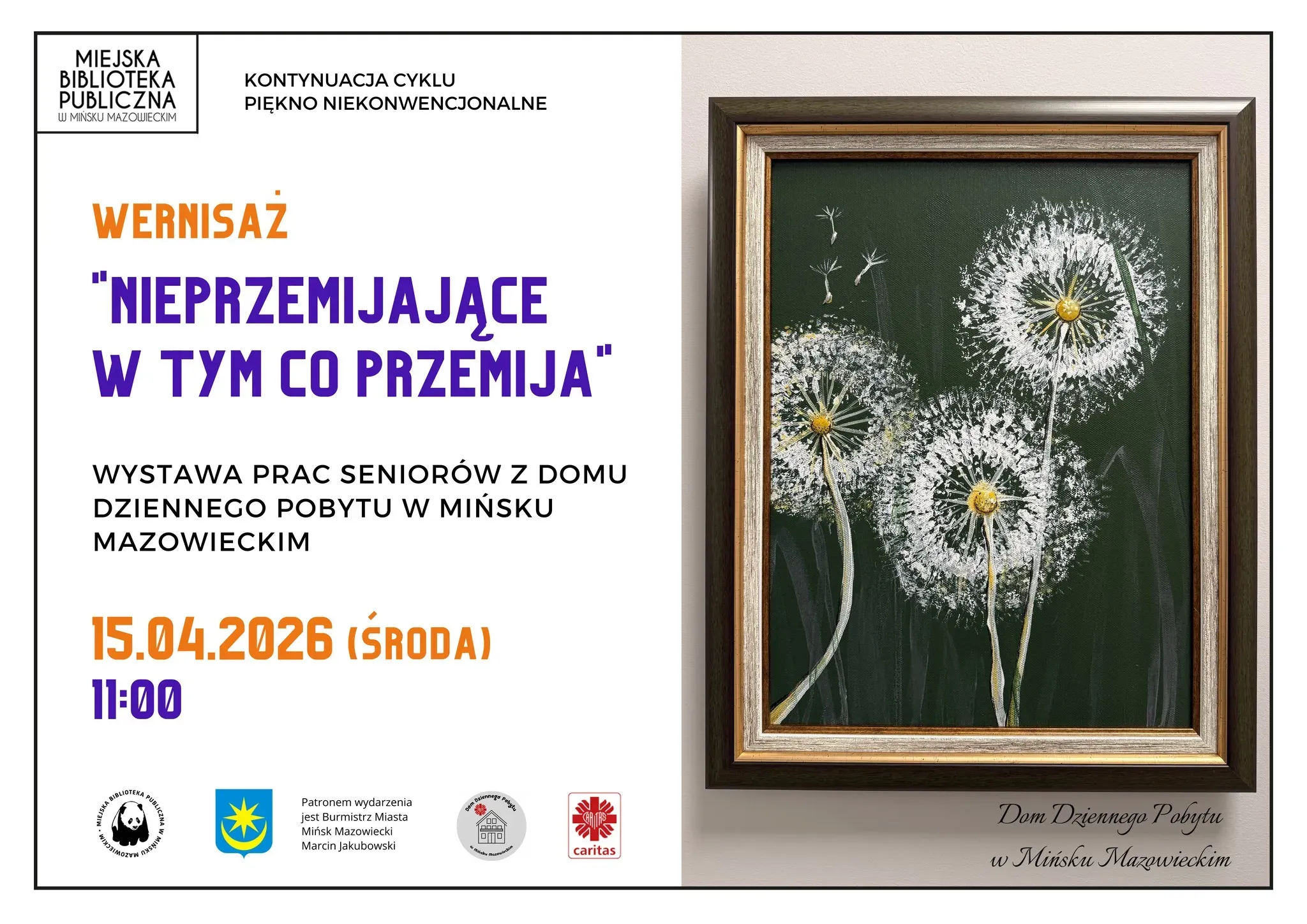 Po lewej stronie kolrowe napisy na białym tle. Po prawej stronie złoto-brązowa ramka z obrazem trzech dmuchawców z białymi nasionami na ciemnozielonym tle. 