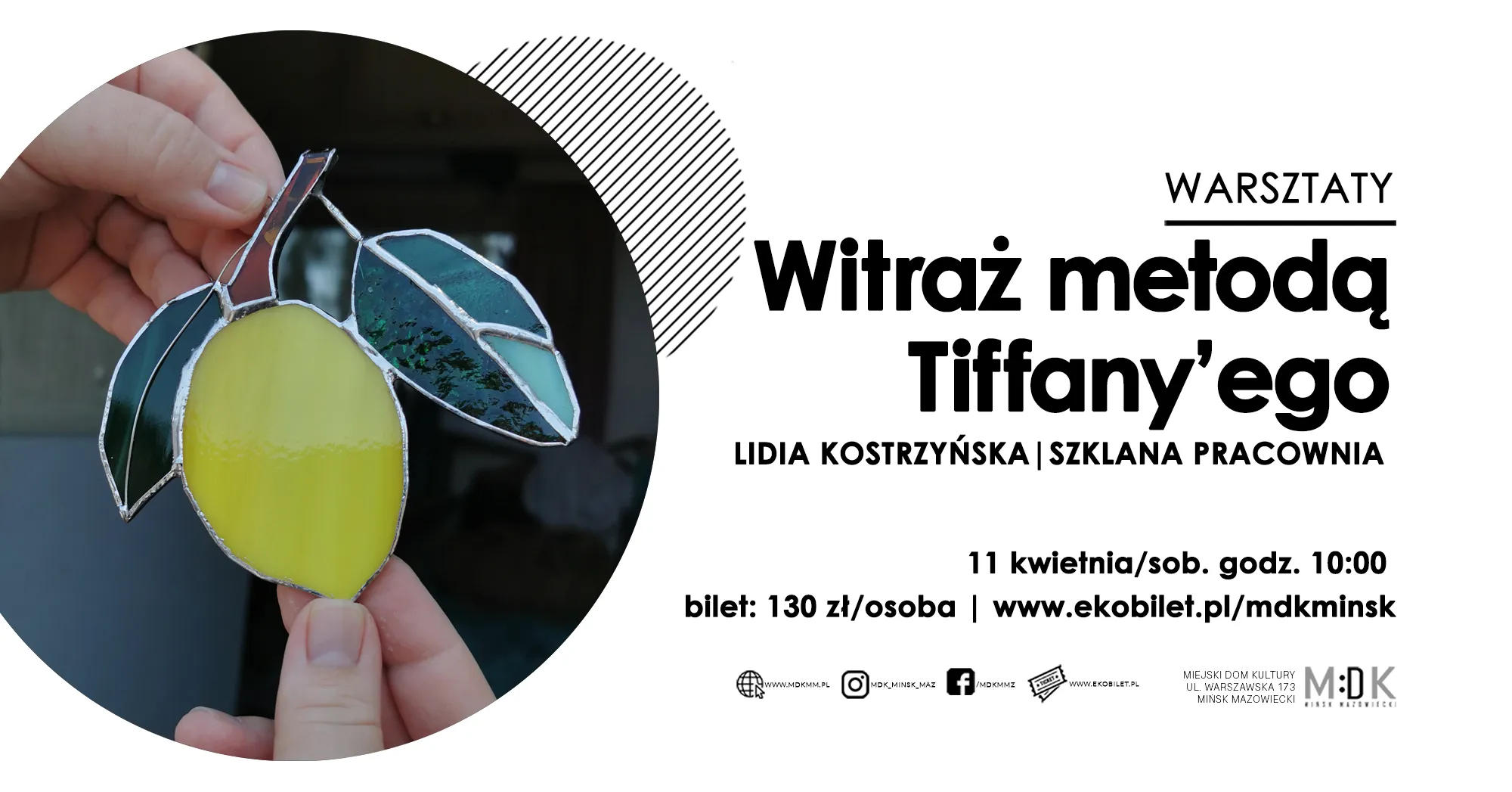 Dwie dłonie trzymają witraż w kształcie żółtego owocu z dwoma zielonymi liśćmi, spoiny srebrne. Obraz jest umieszczony w okrągłym kadrze po lewej, po prawej białe tło z dużą czarną typografią i cienistym, ukośnym wzorem dekoracyjnym.
