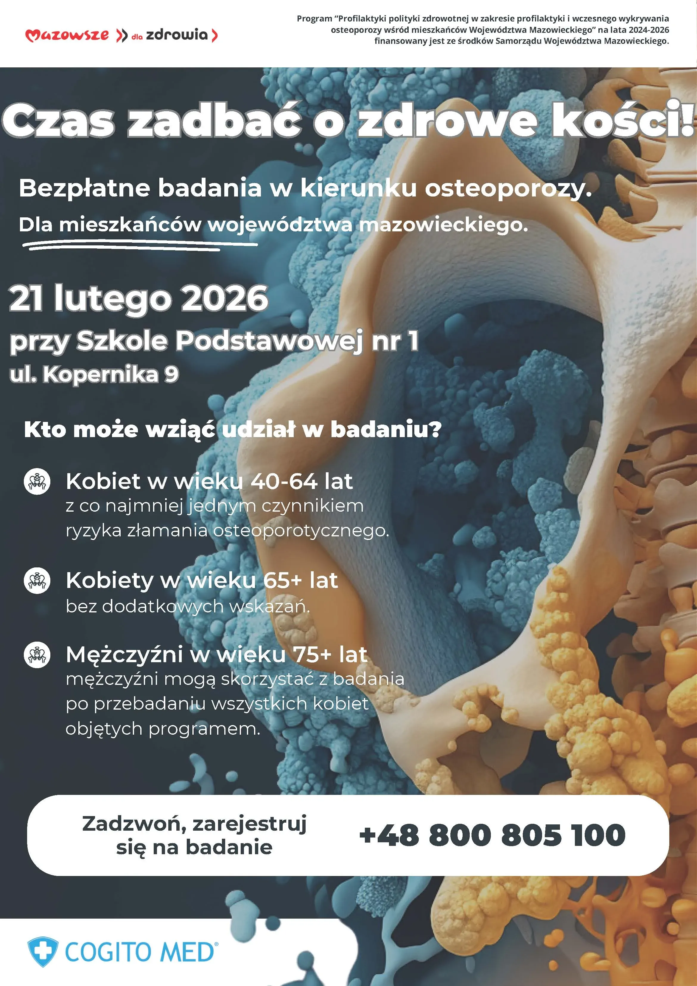 Kliknięcie powiększy obraz. Centralna ilustracja pokazuje przekrój kości z gąbczastymi strukturami w odcieniach niebieskiego i żółtego na ciemnym tle. Logo znajduje się w lewym górnym rogu, a u dołu widoczne jest wyróżnione białe pole z pogrubionym numerem kontaktowym.