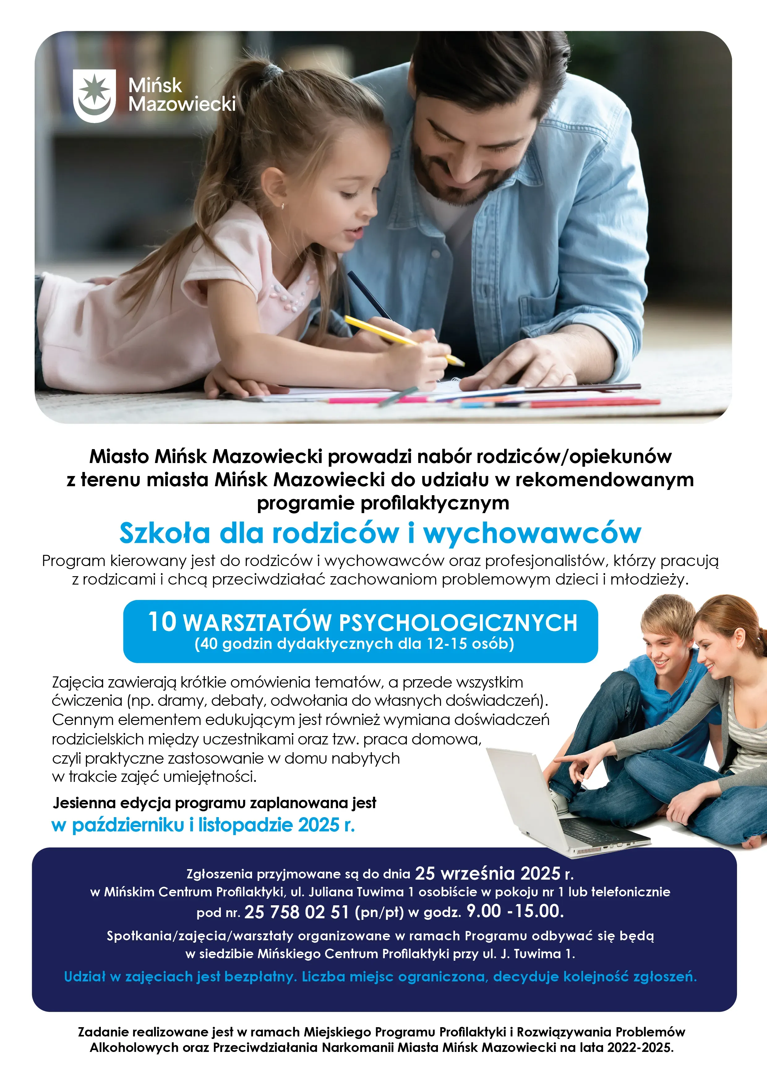 Kliknięcie powiększy obraz. Na białym tle inforamcje. Na górze mężczyzna i dziewczynka leżą na podłodze i wspólnie rysują. Po prawej nastolatek i kobieta siedzą przy laptopie.