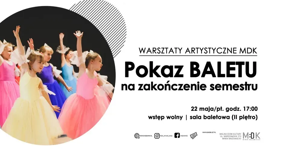 Kliknięcie powiększy obraz. Po lewej stronie w okrągłym kadrze grupa kilku małych dziewczynek w kolorowych baletowych sukienkach (żółta, różowa, niebieska) tańczy na scenie. Po prawej jasne tło z czarnymi blokami tekstu i drobnymi ikonami informacyjnymi.