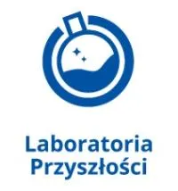Kliknięcie spowoduje wyświetlenie powiększenia Niebieskie logo z okrągłym kształtem zawierającym symbol kolby laboratoryjnej i napisem „Laboratoria Przyszłości”.