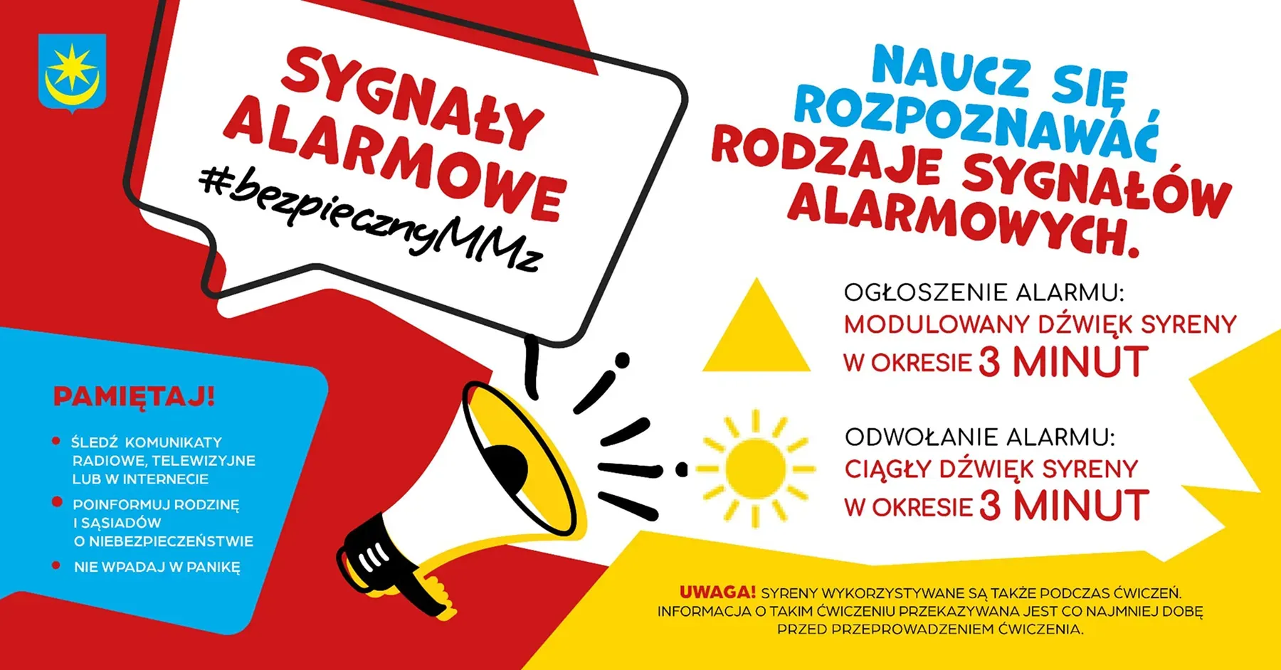 Informacje o sygnałach alarmowych z opisem dźwięków syreny do ogłoszenia i odwołania alarmu oraz zaleceniami postępowania.